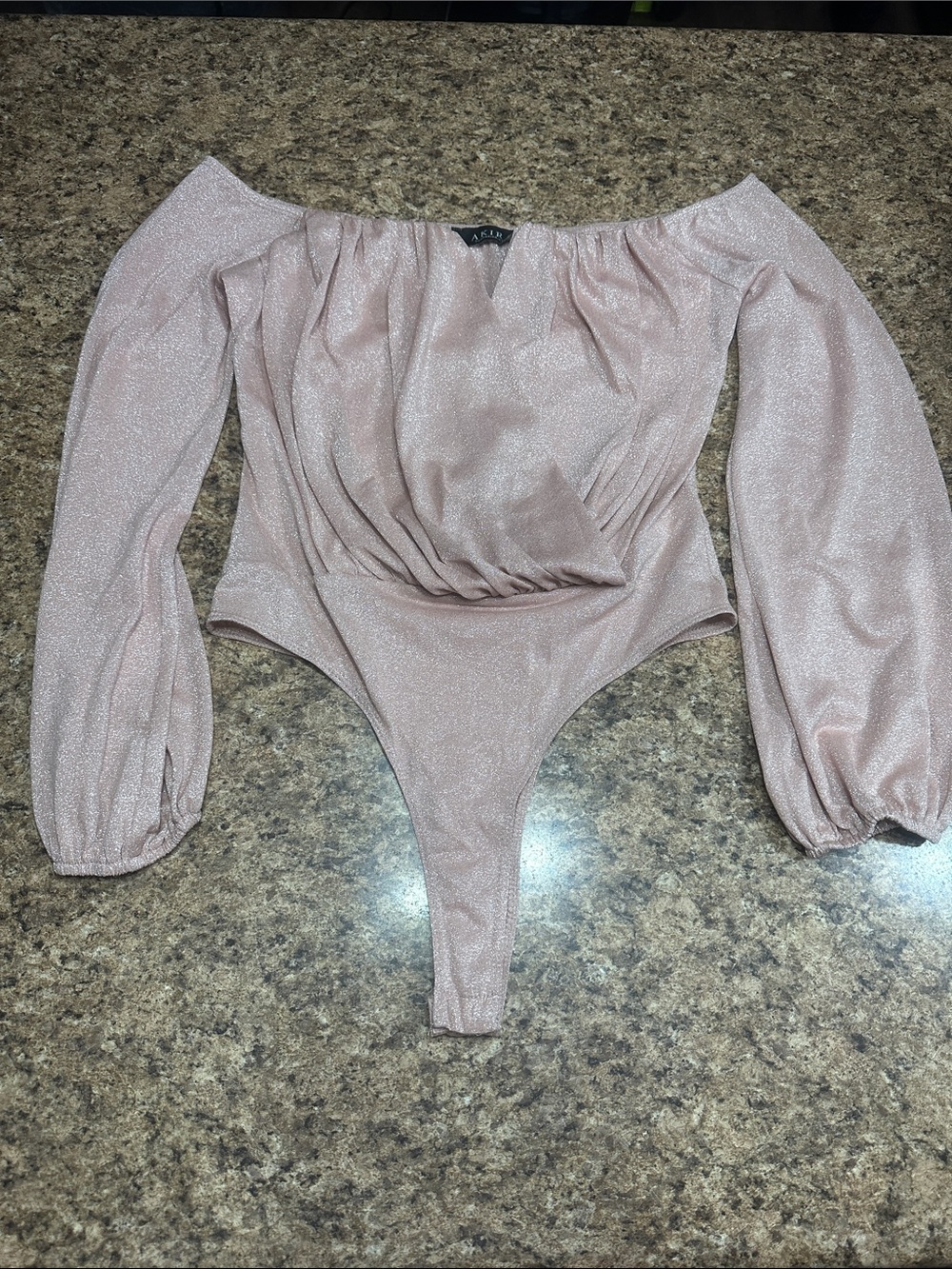 WORN ONCE Akira Shimmery Rose Gold Blush Off-Shoulder Bodysuit Medium